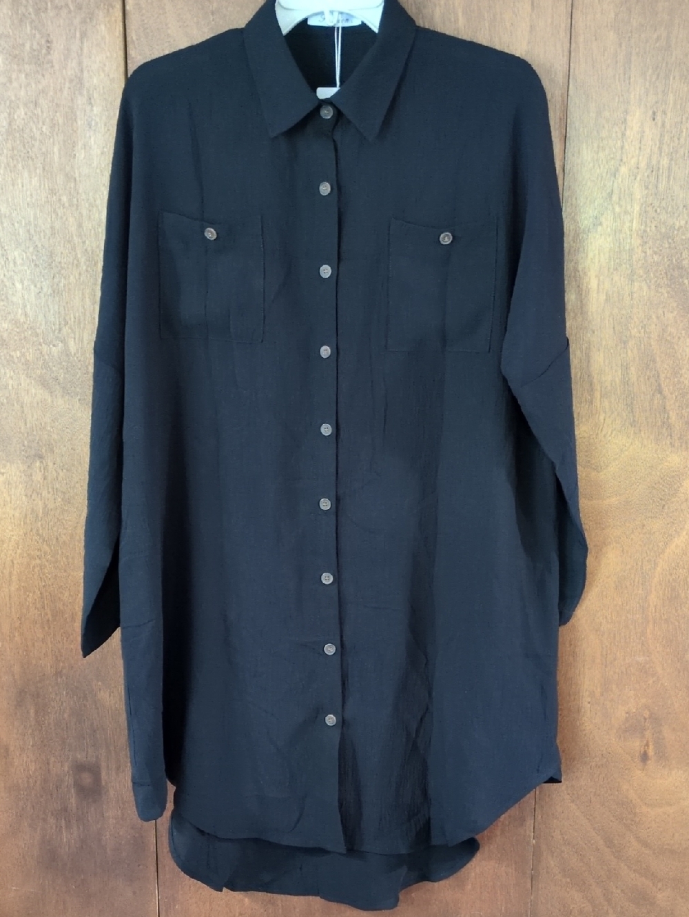 Black Button-Up Long Shirt Chest Pockets Sweatshirt Swimsuit Cover Large NWT